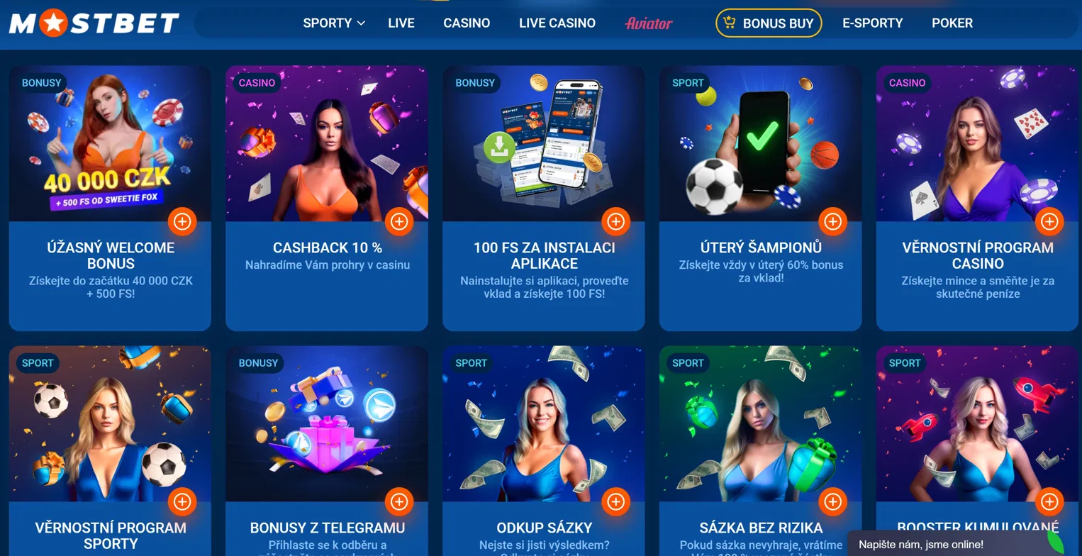 Přehled bonusů Mostbet – welcome bonus 40 000 CZK a 500 FS