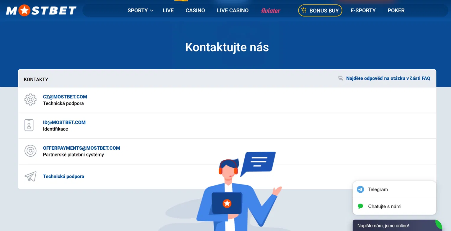 Mostbet kontakty – live chat, Telegram a e-mail podpora v češtině